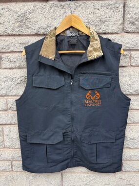 Realtree Black Fishing Vest with Camo Collar and Orange Logo